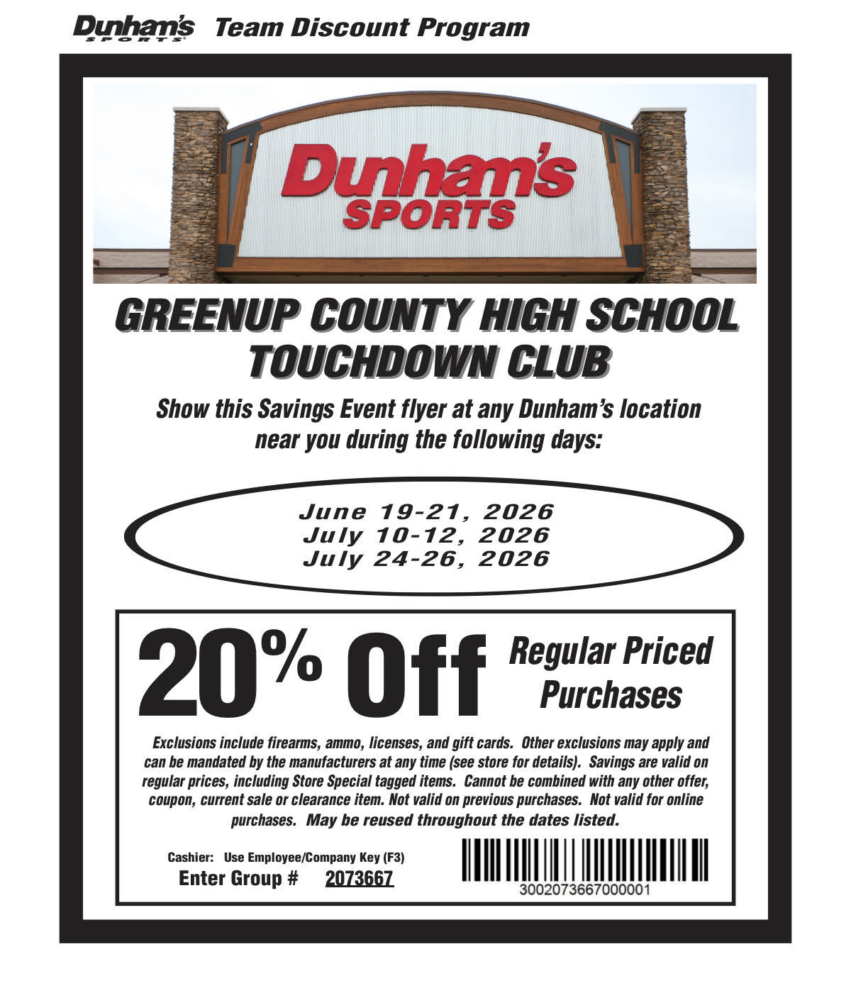 Dunham's Sports 20% off coupon for Greenup County Touchdown Club
